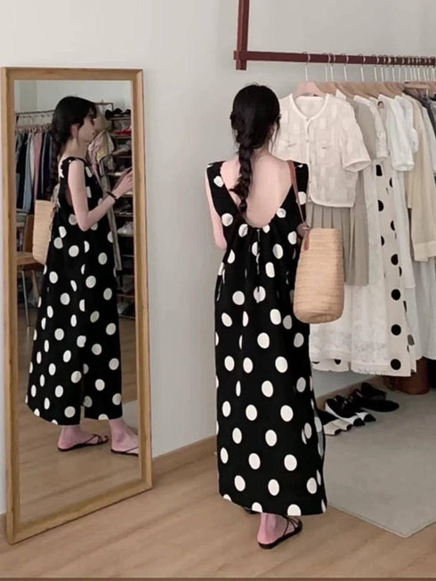 Polka Dot Sleeveless Long Side Slit Casual Dress